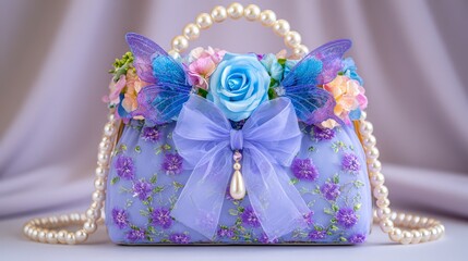 Fototapeta premium Lavender fantasy handbag decorated with flowers, pearls, butterfly wings and a delicate bow, representing feminine fashion, whimsical luxury and romantic accessories.