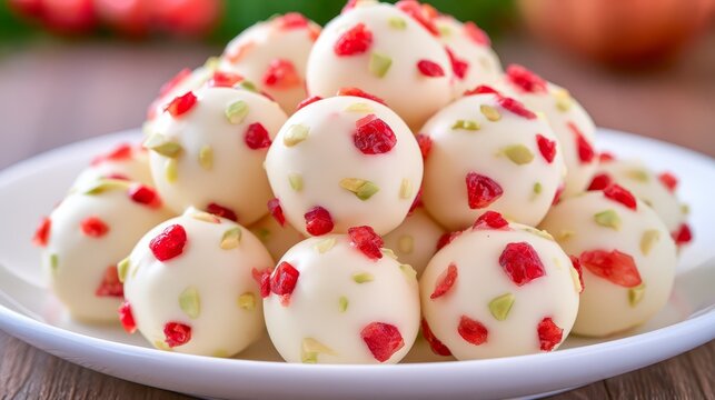 Festive white chocolate truffles decorated with dried cranberries and pistachios, beautifully arranged on a plate for holiday dessert and gourmet confectionery.