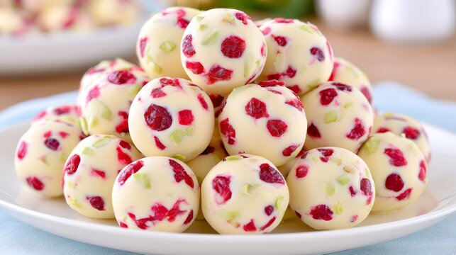 Festive white chocolate truffles decorated with dried cranberries and pistachios, beautifully arranged on a plate for holiday dessert and gourmet confectionery.