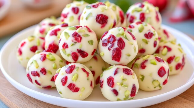 Festive white chocolate truffles decorated with dried cranberries and pistachios, beautifully arranged on a plate for holiday dessert and gourmet confectionery.