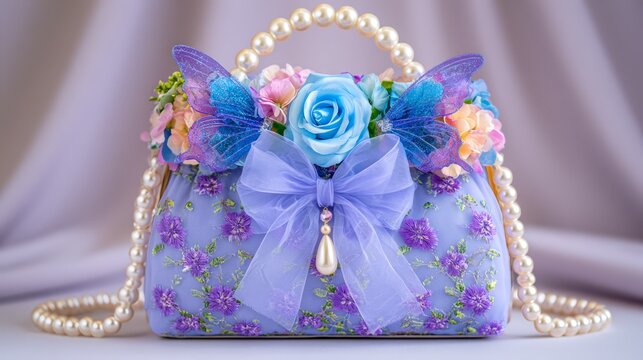Lavender fantasy handbag decorated with flowers, pearls, butterfly wings and a delicate bow, representing feminine fashion, whimsical luxury and romantic accessories.