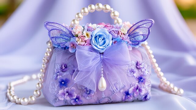 Lavender fantasy handbag decorated with flowers, pearls, butterfly wings and a delicate bow, representing feminine fashion, whimsical luxury and romantic accessories.