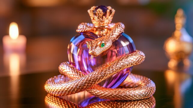 Ornate purple heart-shaped perfume bottle wrapped with a golden jeweled snake, creating a dramatic luxury fragrance concept with mystical and royal styling.