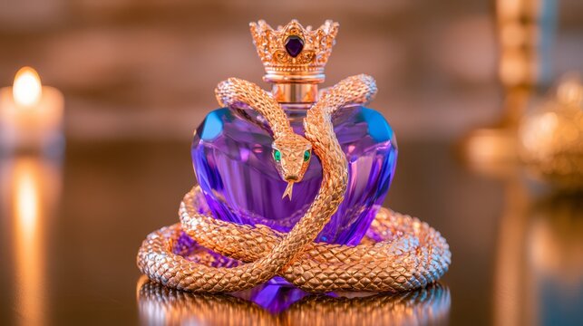 Ornate purple heart-shaped perfume bottle wrapped with a golden jeweled snake, creating a dramatic luxury fragrance concept with mystical and royal styling.
