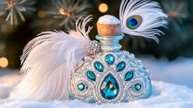 Ornate crystal perfume bottle decorated with blue gemstones, pearls and white peacock feathers on sparkling snow, creating an elegant winter luxury fragrance concept with glamorous styling. 