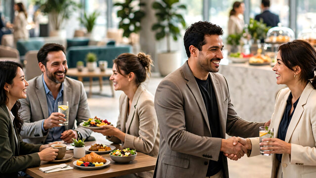 Business professionals and conference delegates enjoying a networking lunch break inside a modern convention venue, casually discussing ideas over refreshments.