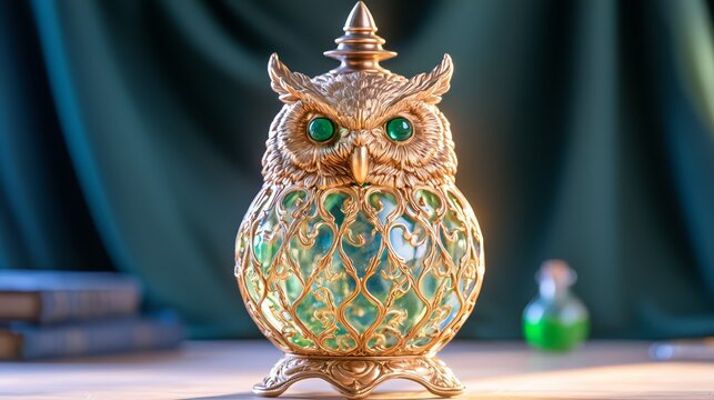 Ornate owl-shaped decorative glass bottle with golden metalwork and green gemstone eyes, representing vintage luxury, wisdom, fantasy and collectible design.