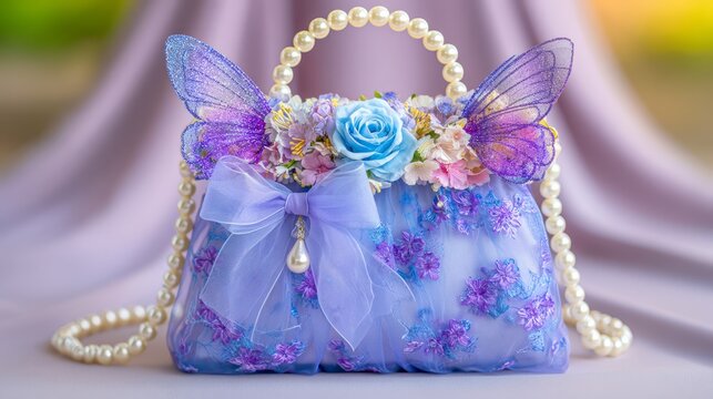 Lavender fantasy handbag decorated with flowers, pearls, butterfly wings and a delicate bow, representing feminine fashion, whimsical luxury and romantic accessories.