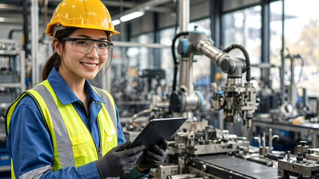 A professional female quality control engineer wearing a clean industrial uniform, high-visibility safety vest, hard hat, safety glasses and protective gloves carefully inspecting.