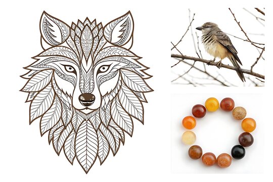Wolf head with leaf pattern and nature elements