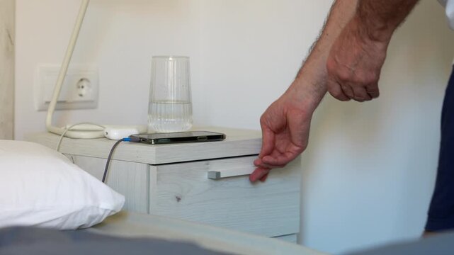Man waking up and tidying his bedside table in the morning