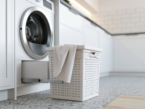 Pull out laundry hamper in a modern utility room with a washing machine and clean design