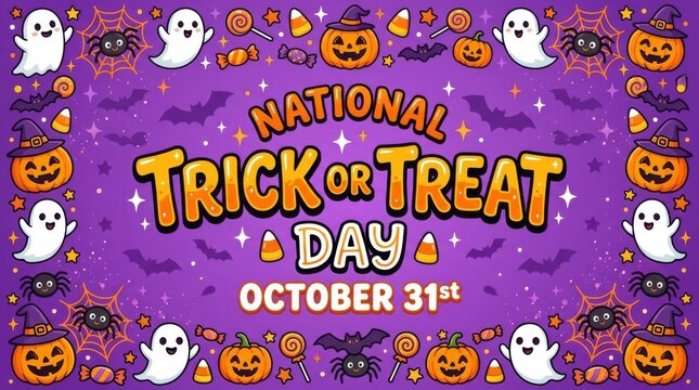 Halloween vector illustration with pumpkins ghosts bats and celebratory text on purple background autumn celebration cartoon childhood clipart colorful commemorative cute decorative design