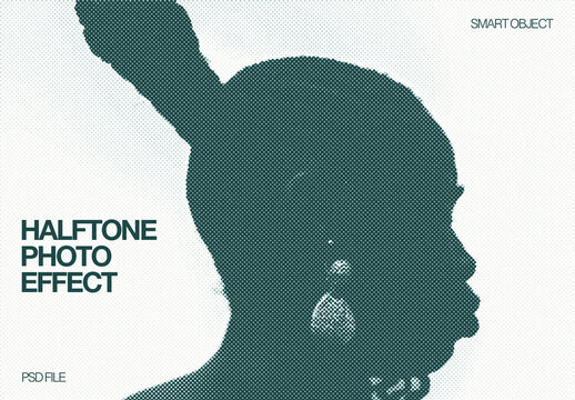 Blue Halftone Portrait Photo Effect Poster Template with Retro Print Texture