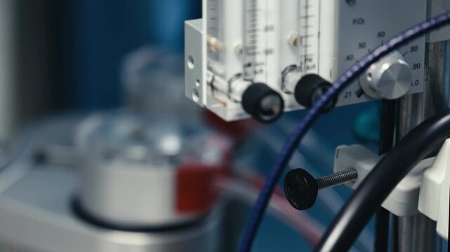 Close-up of flow meters and tubing on a cardiopulmonary bypass machine during heart surgery. The equipment controls gas flow within the perfusion system.