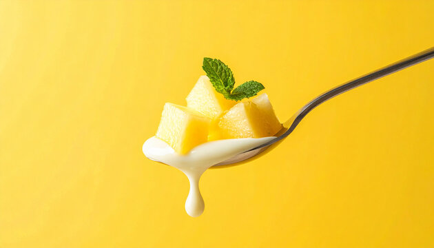 Creamy yogurt spoon with melon cubes and puree drop