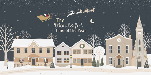 Snowy village illustration with reindeer sleigh and winter trees © arjun