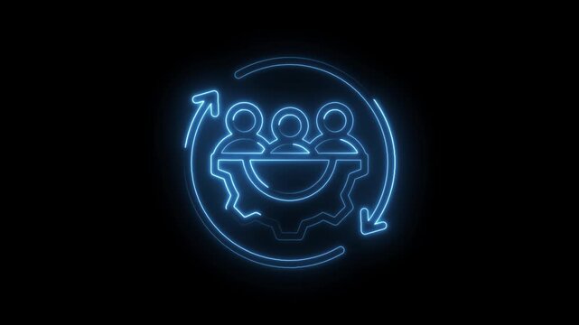 Neon blue glowing icon of three people figures inside a gear mechanism surrounded by a circular