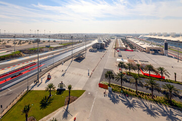 Obraz premium View from the top floor of the VIP Sakhir Tower, of the main straight and grandstand at Bahrain International Circuit on January 11 2024 in Sakhir, Bahrain.