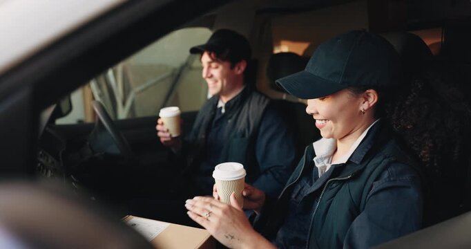 Logistics, team or people with coffee break in van for package inspection, shipment or delivery. Supply chain, cargo transport or friends with beverage in vehicle for distribution and conversation