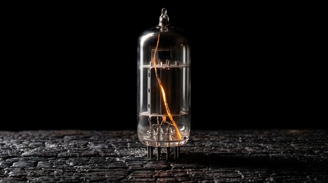 A glowing vacuum tube filament illuminates charred wood, symbolizing the resilient spark of innovation arising from decay.