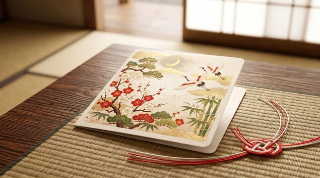 Traditional card showing a flying crane flower and bamboo illustration on a tatami mat.
