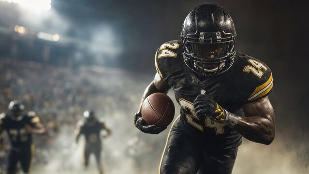 Football player running across the stadium while wearing a protective helmet and team uniform.