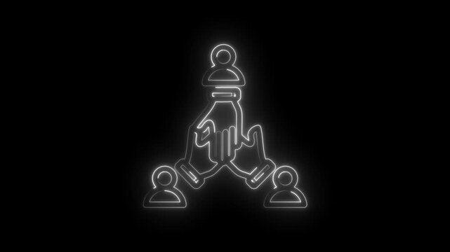 Glowing neon outline of three people icons connected in a triangle formation symbolizing teamwork