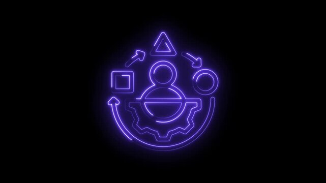 Neon glowing abstract workflow process icon with human figure gear and cycle arrows representing