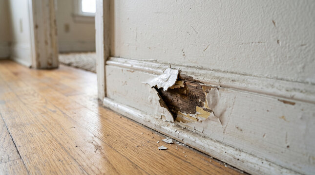 Damage on wall and baseboard in empty room with wooden floor  