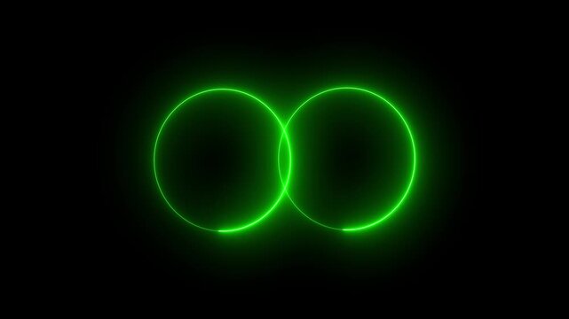 Abstract glowing green circles intersecting symbol two luminous intersect each