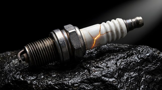 A cracked spark plug glowing with intense heat from within, symbolizing system failure, internal pressure, and the explosive potential of hidden flaws under stress.