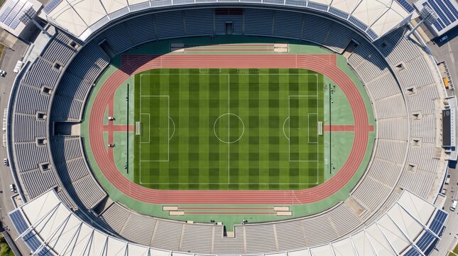 An aerial view of a modern stadium featuring a soccer field and running track inside a sports arena.