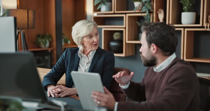 Lawyer, meeting and business people in office on tablet for legal strategy, case study and research. Law firm, trial and attorney team on tech for online report, discussion or planning for consulting