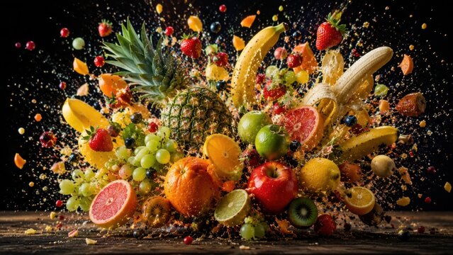 Fruit splash explosion fresh banana surrounded by pineapple apple orange and berries on wood.