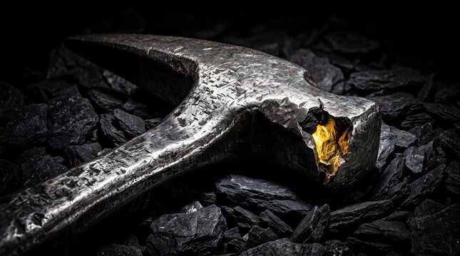 A worn metal hammer cracking open on dark slate to reveal a glowing golden core, symbolizing hidden potential and inner resilience.