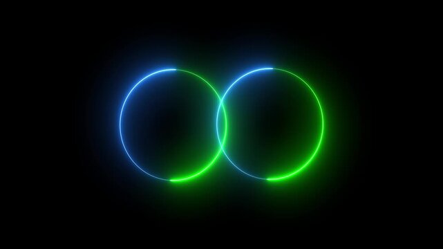 Abstract glowing blue and green neon circles intersection two luminous created