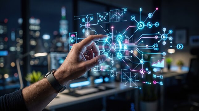 A man uses his hand to touch a glowing hologram interface utilizing advanced technology in an office.