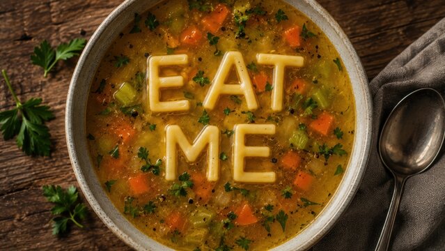 A bowl of hot vegetable soup with alphabet pasta and a silver spoon on wood.