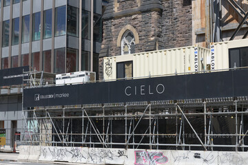 Fototapeta premium Cielo Condos (300 Bloor St W, Toronto), a new residential tower rising above and incorporating the restored heritage fabric of Bloor Street United Church