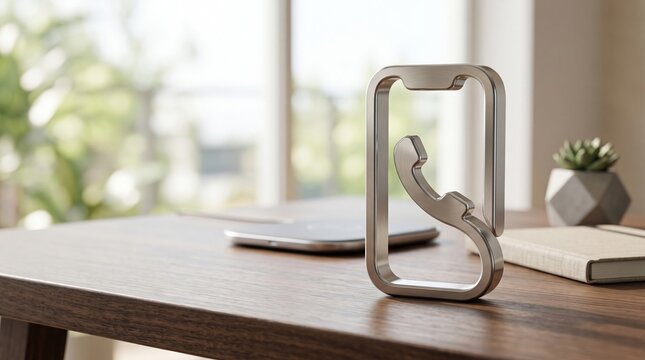 A metal phone icon on a wooden office desk next to a notebook.