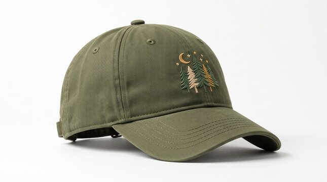 A green baseball cap featuring detailed embroidery of trees and a crescent moon against a white background.