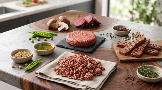 Plant based meat alternatives displayed with raw mince burger patty and ingredients on a kitchen counter.