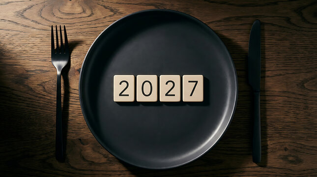 Year 2027 represented by tiles on a black plate with cutlery on a wooden table background