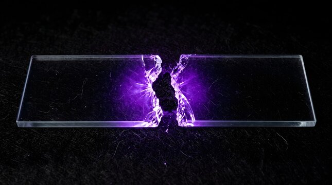 A broken glass slide glowing with purple light along its fracture, symbolizing a powerful breakthrough through damage.