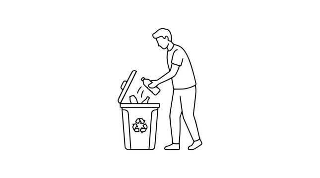Minimalist line drawing of a man disposing a plastic bottle into a recycling bin