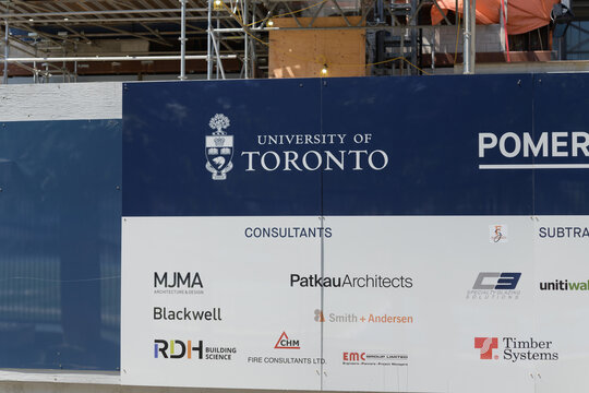 hoarding sign outside the The Academic Wood Tower, St George Campus, University of Toronto