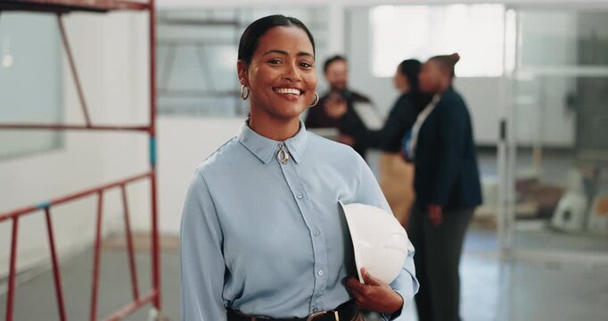 Smile, architect and face with woman in building for inspection, construction progress and review. About us, project code regulations and renovation evaluation with person for update and helmet