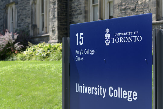 sign outside University College, St George Campus, University of Toronto