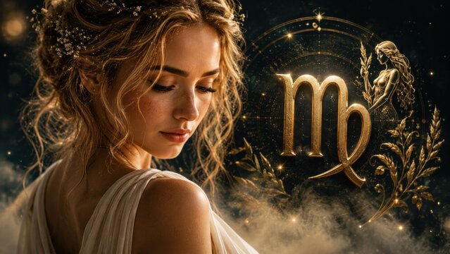 Virgo woman astrology zodiac gold symbol glowing dark background with stars and mystical elements.